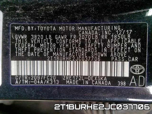 2T1BURHE2JC037706 фото 2