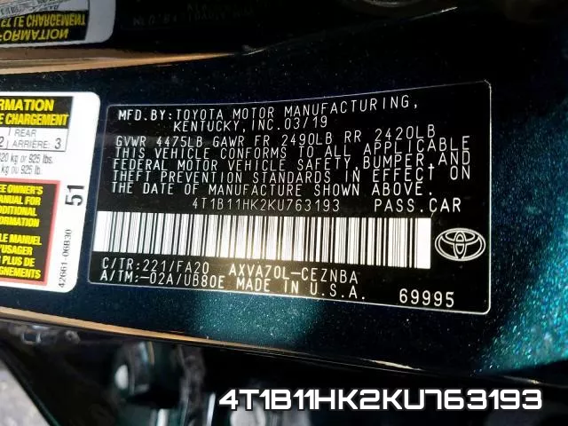 4T1B11HK2KU763193 фото 2