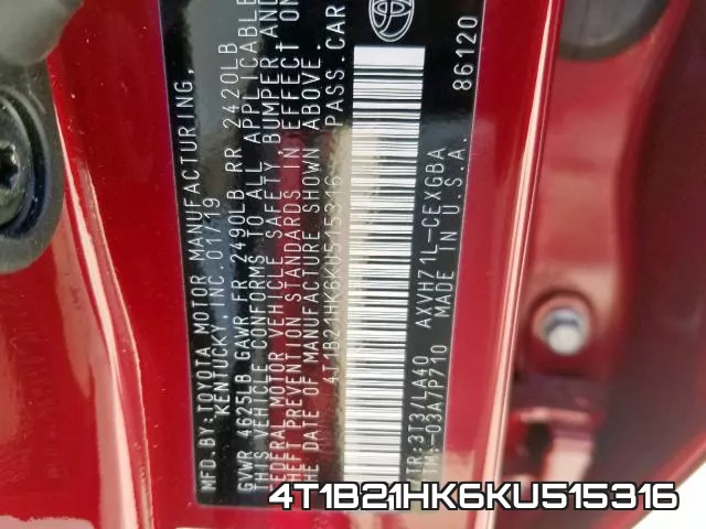 4T1B21HK6KU515316 фото 2