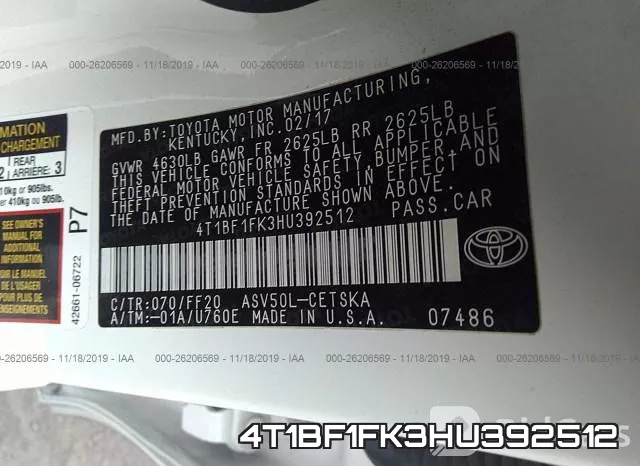4T1BF1FK3HU392512 фото 10