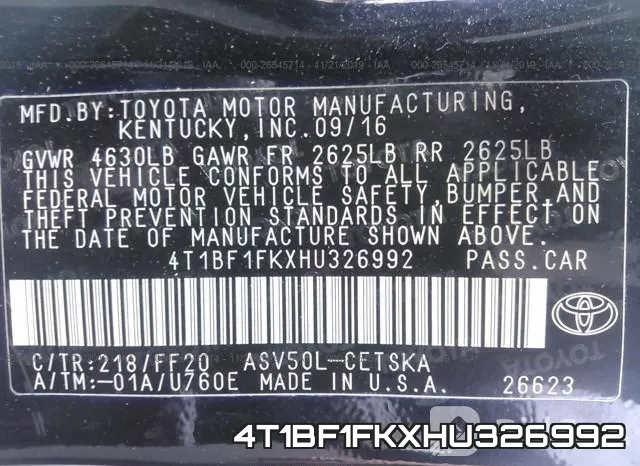 4T1BF1FKXHU326992 фото 9