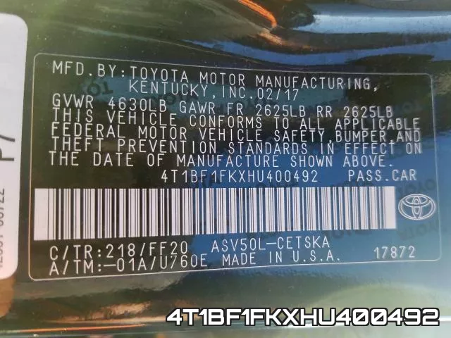 4T1BF1FKXHU400492 фото 2