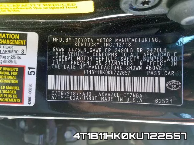 4T1B11HK0KU722657 фото 2