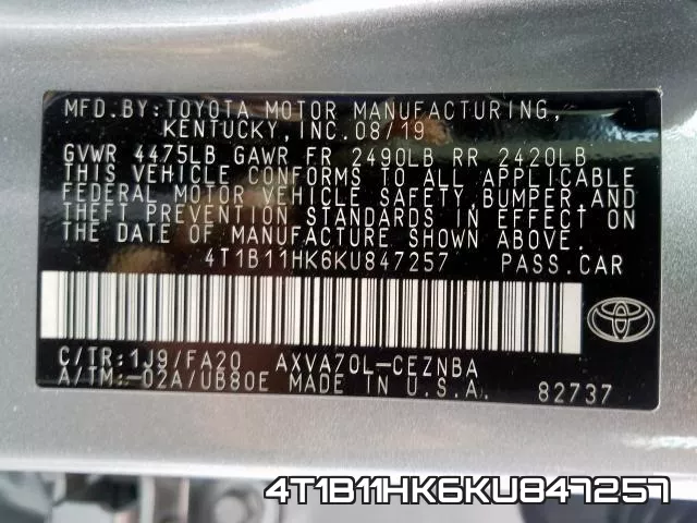 4T1B11HK6KU847257 фото 2