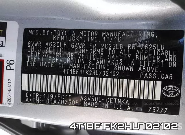 4T1BF1FK2HU702102 фото 7