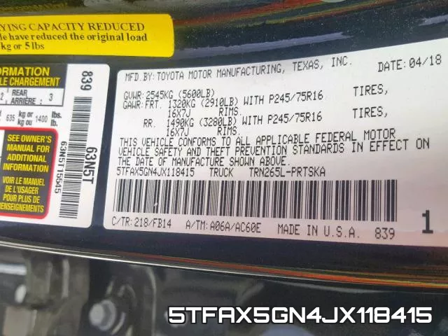 5TFAX5GN4JX118415 фото 2