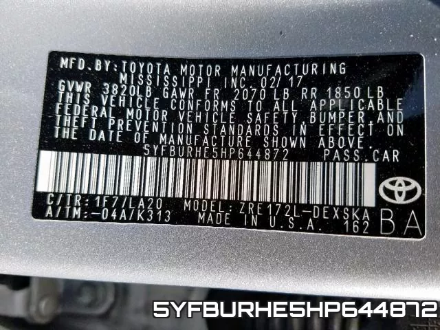 5YFBURHE5HP644872 фото 2