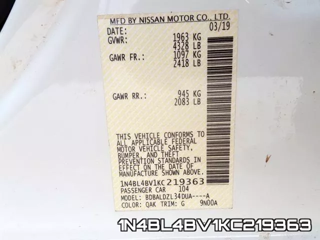 1N4BL4BV1KC219363 фото 2
