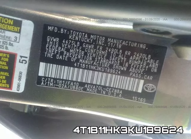 4T1B11HK3KU189624 фото 8