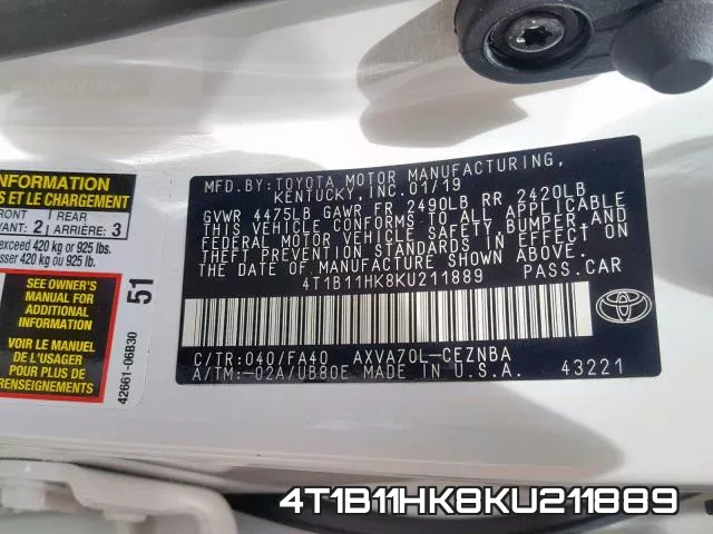 4T1B11HK8KU211889 фото 2