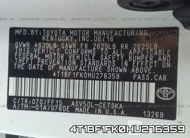 4T1BF1FK0HU276359 фото 9