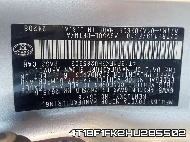 4T1BF1FK2HU285502 фото 2