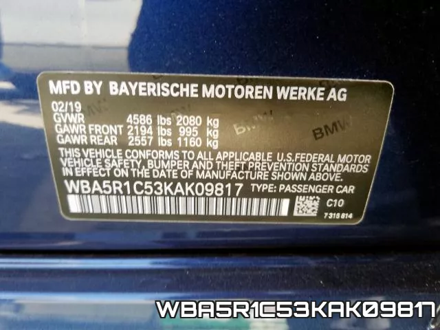 WBA5R1C53KAK09817 фото 2