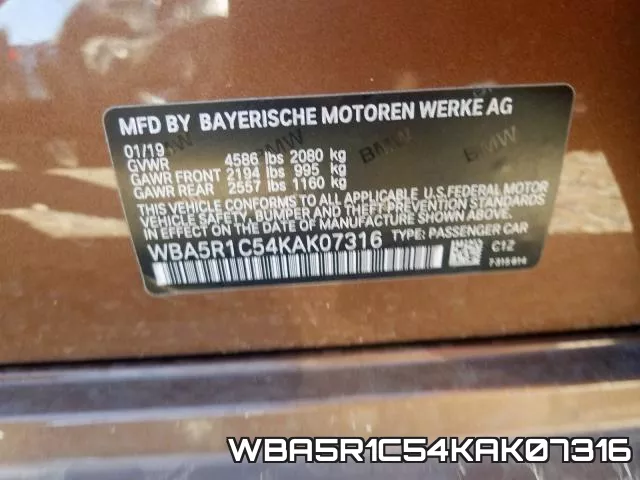 WBA5R1C54KAK07316 фото 2