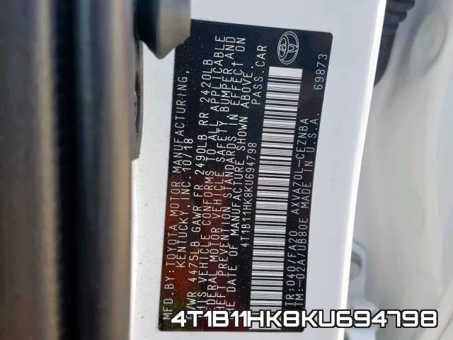 4T1B11HK8KU694798 фото 2