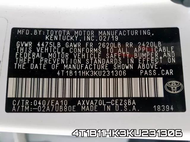4T1B11HK3KU231306 фото 2