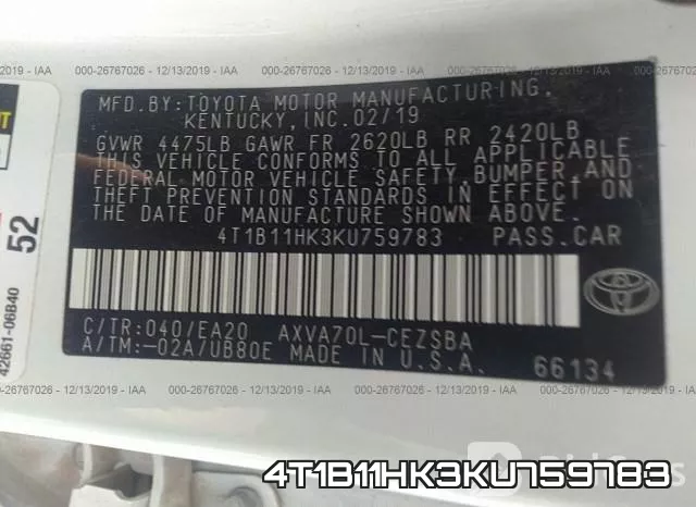 4T1B11HK3KU759783 фото 10