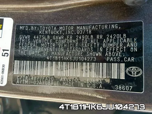 4T1B11HK6JU104273 фото 2