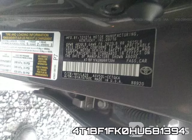 4T1BF1FK0HU681394 фото 9