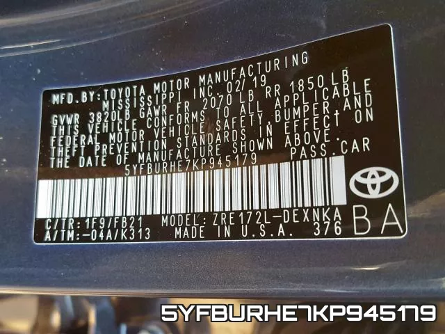 5YFBURHE7KP945179 фото 2