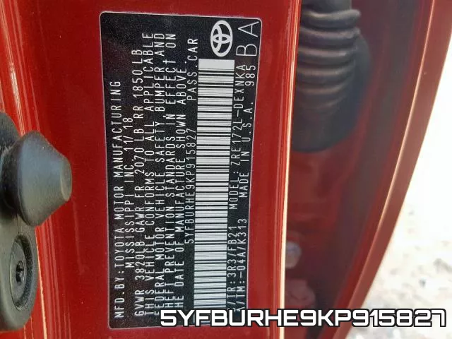 5YFBURHE9KP915827 фото 2