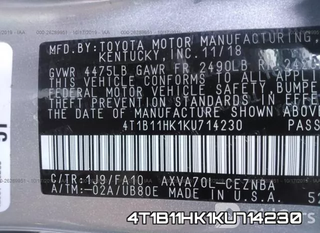 4T1B11HK1KU714230 фото 10