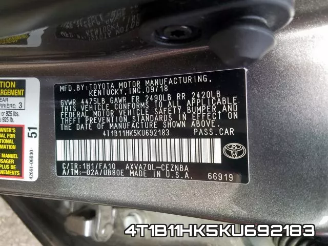 4T1B11HK5KU692183 фото 2