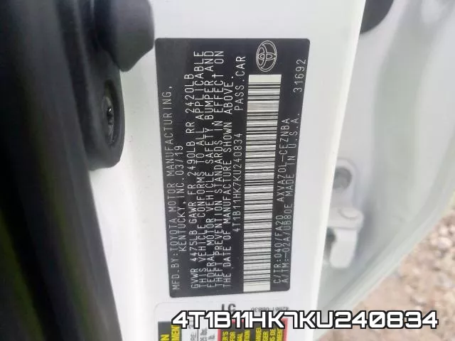 4T1B11HK7KU240834 фото 2