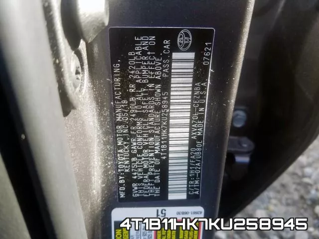 4T1B11HK7KU258945 фото 2