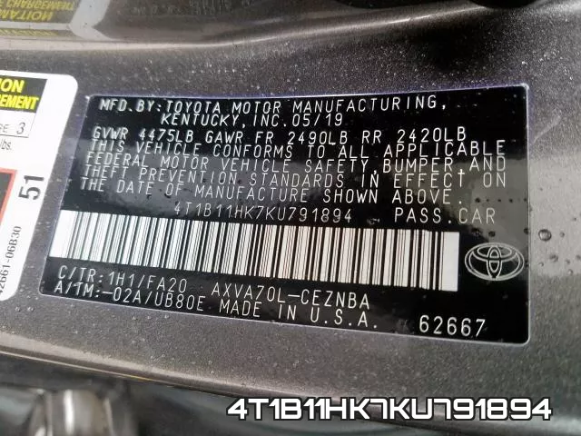 4T1B11HK7KU791894 фото 2