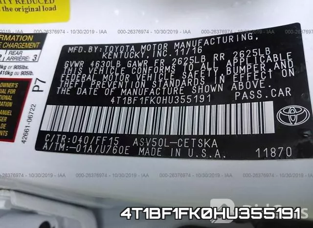 4T1BF1FK0HU355191 фото 7