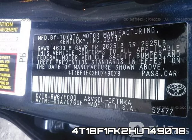 4T1BF1FK2HU749078 фото 8