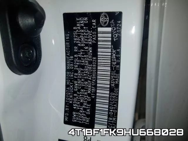 4T1BF1FK9HU668028 фото 2
