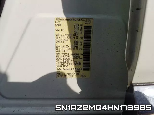 5N1AZ2MG4HN178985 фото 2