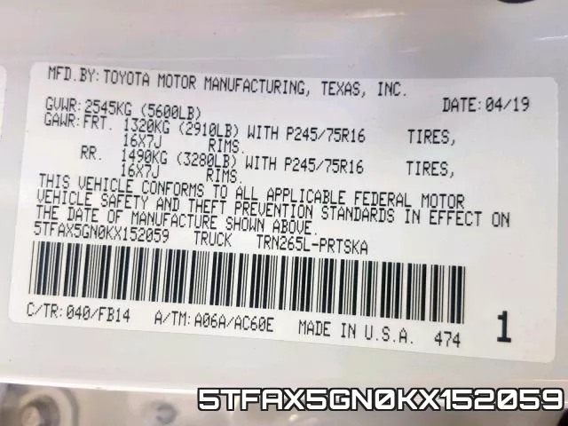 5TFAX5GN0KX152059 фото 2
