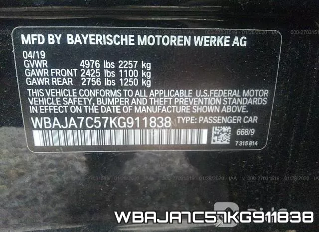 WBAJA7C57KG911838 фото 8