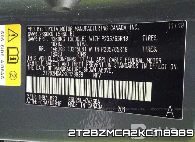 2T2BZMCA2KC178989 фото 9