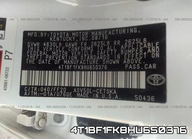 4T1BF1FK8HU650376 фото 8