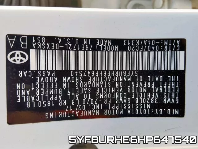 5YFBURHE6HP647540 фото 2