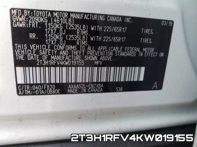 2T3H1RFV4KW019155 фото 2