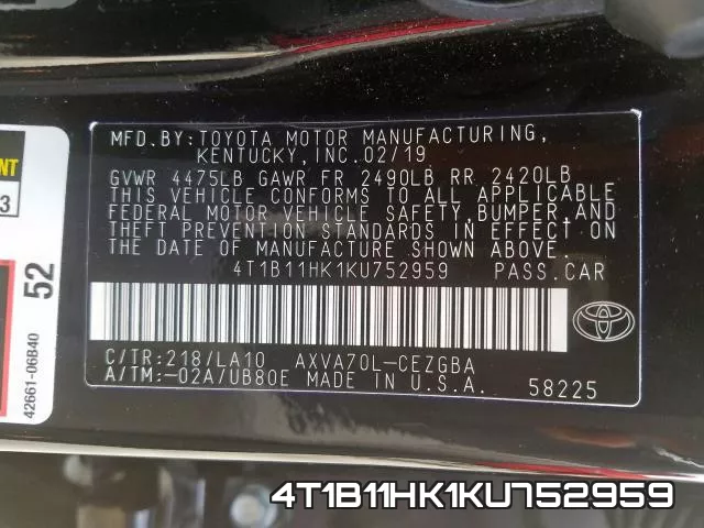 4T1B11HK1KU752959 фото 2