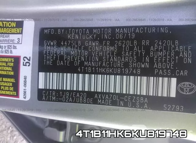 4T1B11HK6KU819748 фото 8