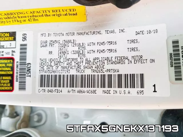 5TFAX5GN6KX137193 фото 2