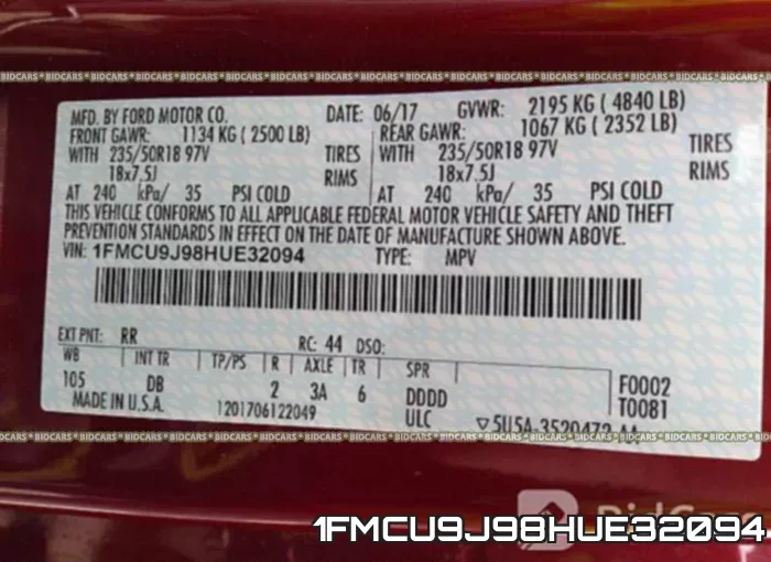 1FMCU9J98HUE32094 фото 10