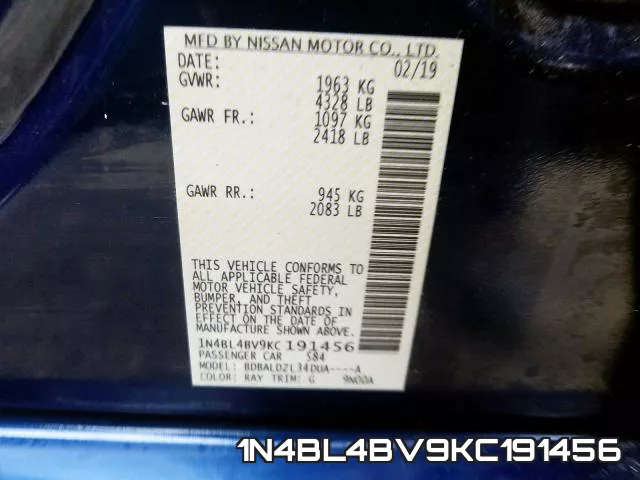 1N4BL4BV9KC191456 фото 2