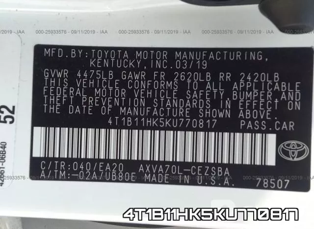 4T1B11HK5KU770817 фото 7