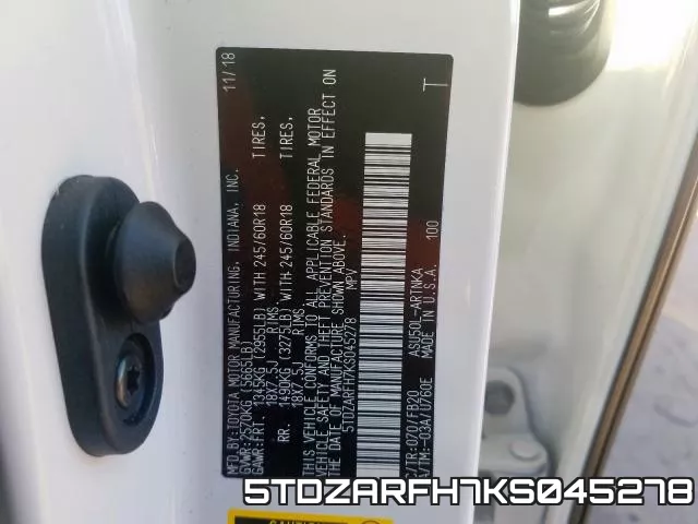 5TDZARFH7KS045278 фото 2