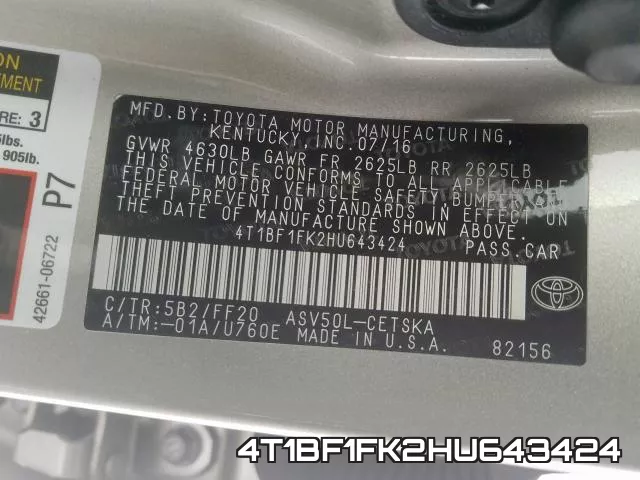 4T1BF1FK2HU643424 фото 2