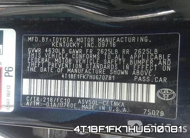 4T1BF1FK7HU670781 фото 8