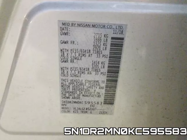 5N1DR2MN0KC595583 фото 2